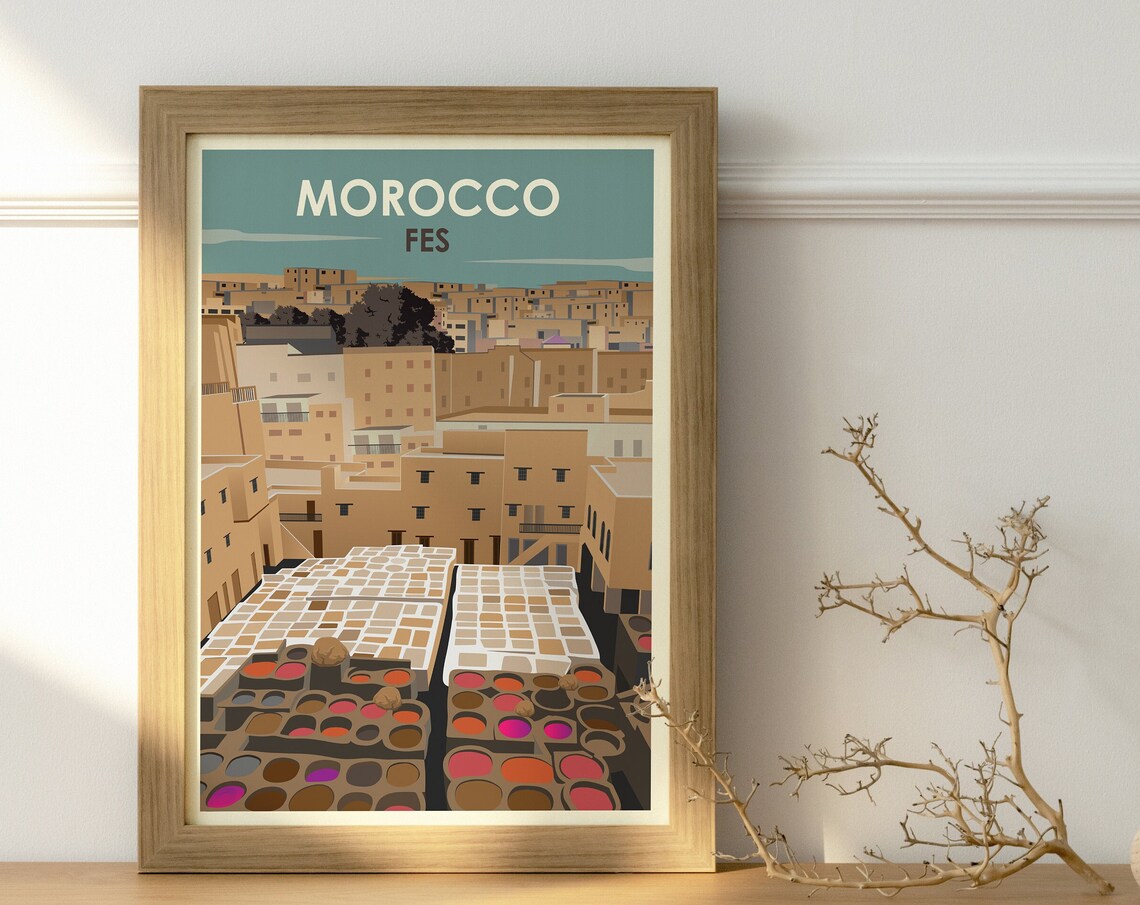 Fes Morocco Vintage Travel Poster with Leather Tannery Dye Vats