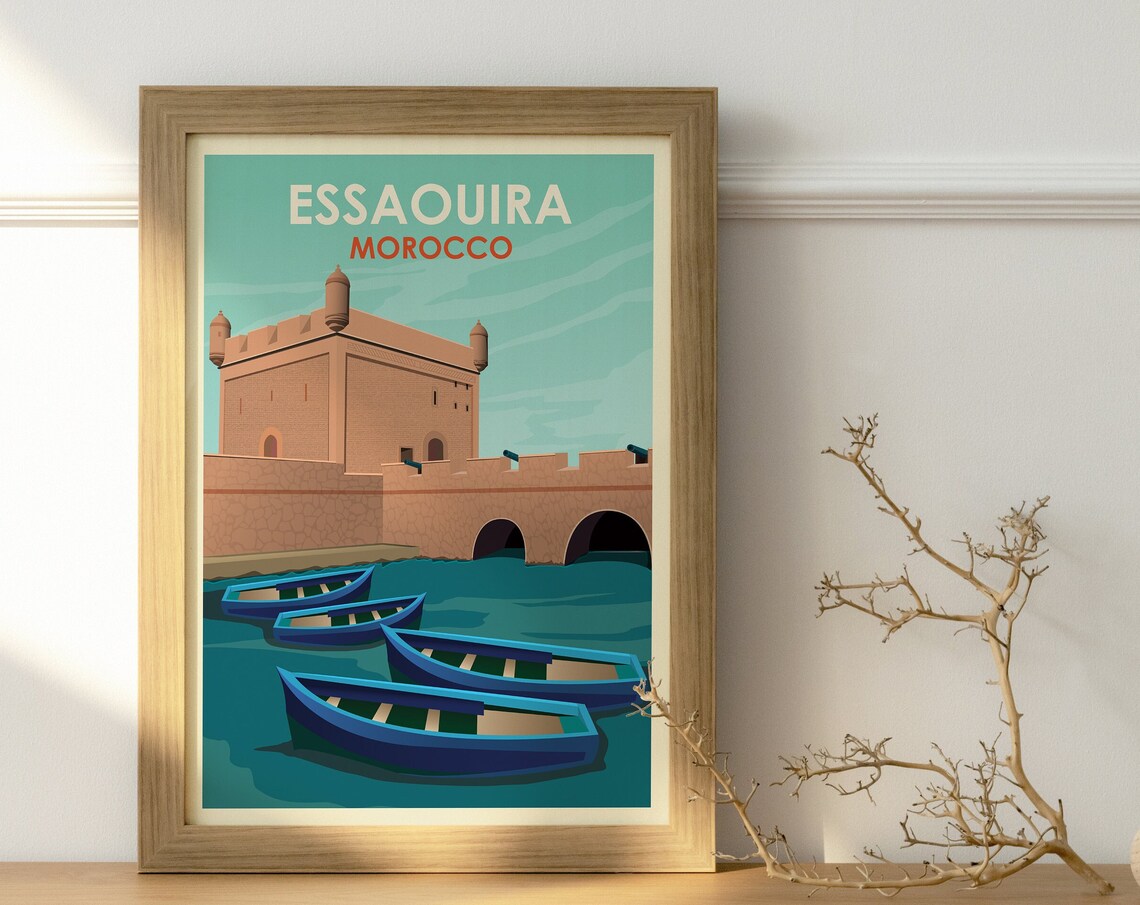 Essaouira Morocco Vintage Travel Poster with Blue Boats and Fort