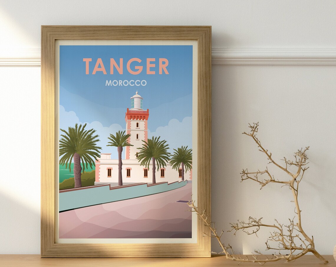 Tanger Morocco Lighthouse Vintage Travel Poster Coastline Palm Art