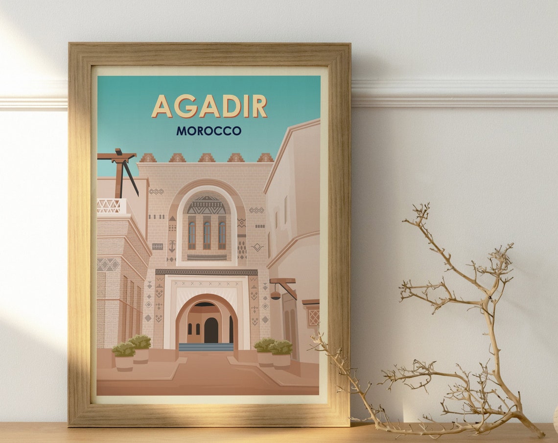 Agadir Morocco Courtyard Vintage Travel Poster Moorish Arch Art
