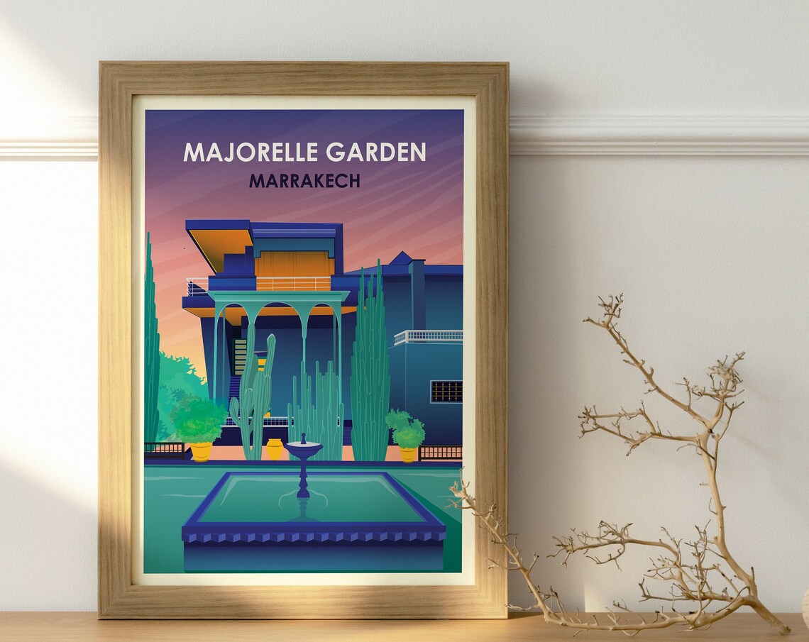 Majorelle Garden Marrakech Morocco Vintage Travel Poster Blue Villa