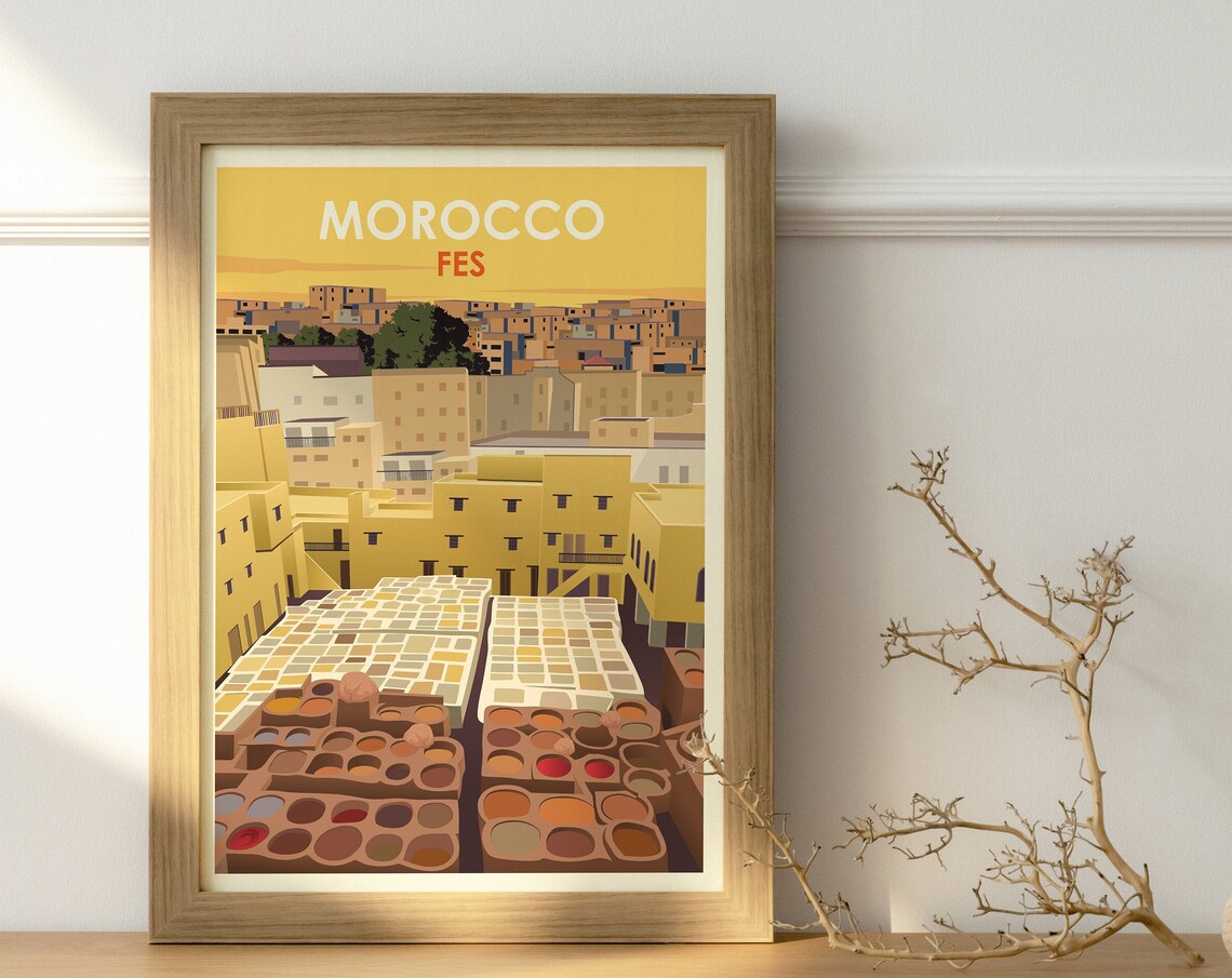 Fes Morocco Tannery Vintage Travel Poster Golden Cityscape Art