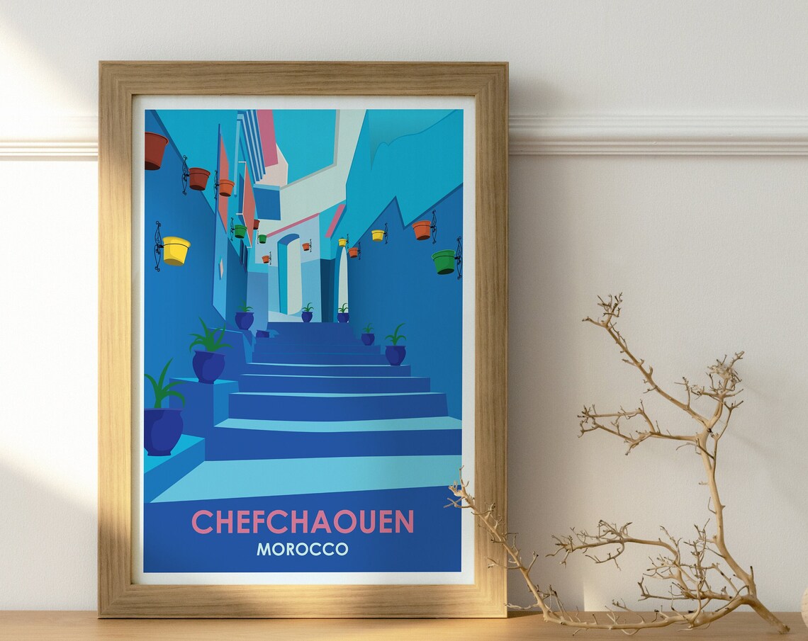 Chefchaouen Morocco Blue Alley Vintage Travel Poster Stairs Art
