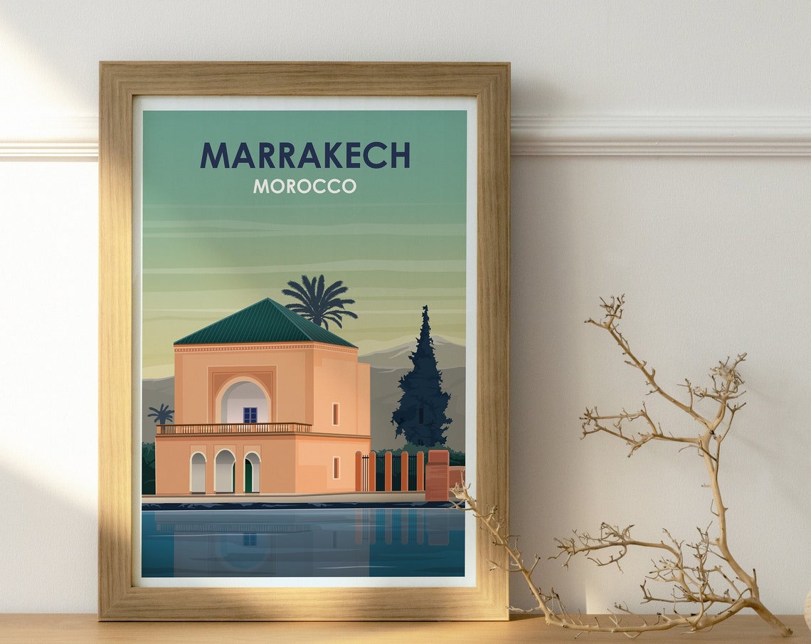 Marrakech Morocco Lakeside Pavilion Reflection Sunset Travel Poster