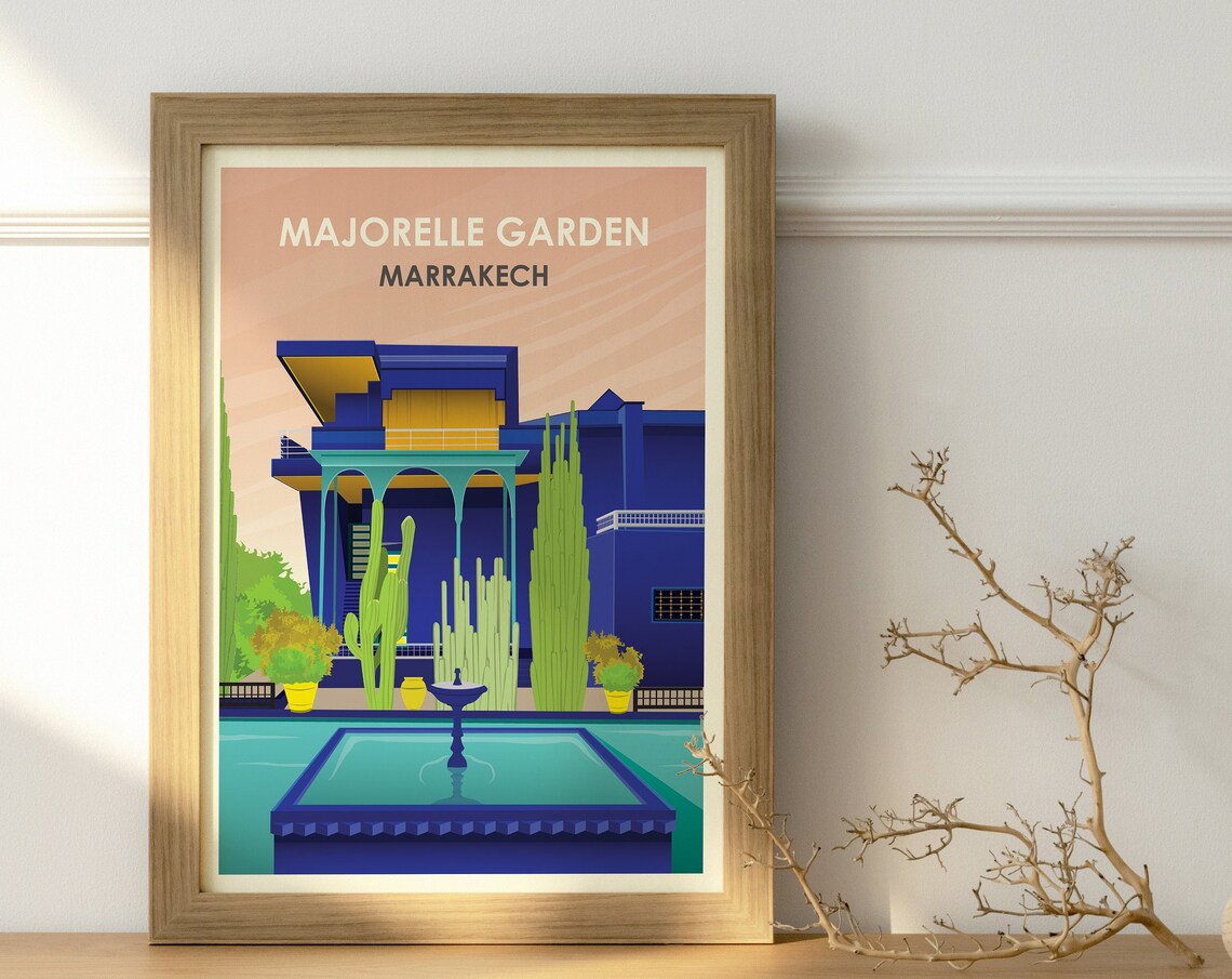 Marrakech Majorelle Garden Blue Villa Cactus Travel Poster Art