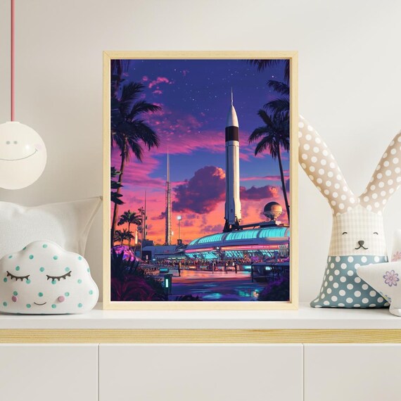 Retro Rocketship Launch Sunset Palms Sci-Fi Space Exploration Wall Poster