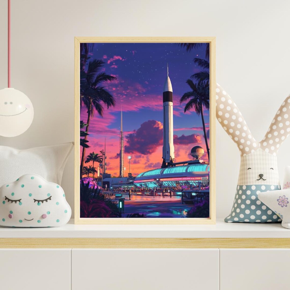 Retro Rocketship Launch Sunset Palms Sci-Fi Space Exploration Wall Poster