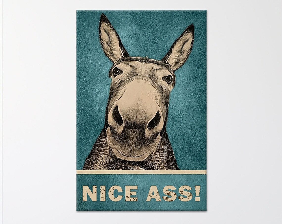 Funny Donkey Face Close Up Vintage Teal Bathroom Wall Humor Poster
