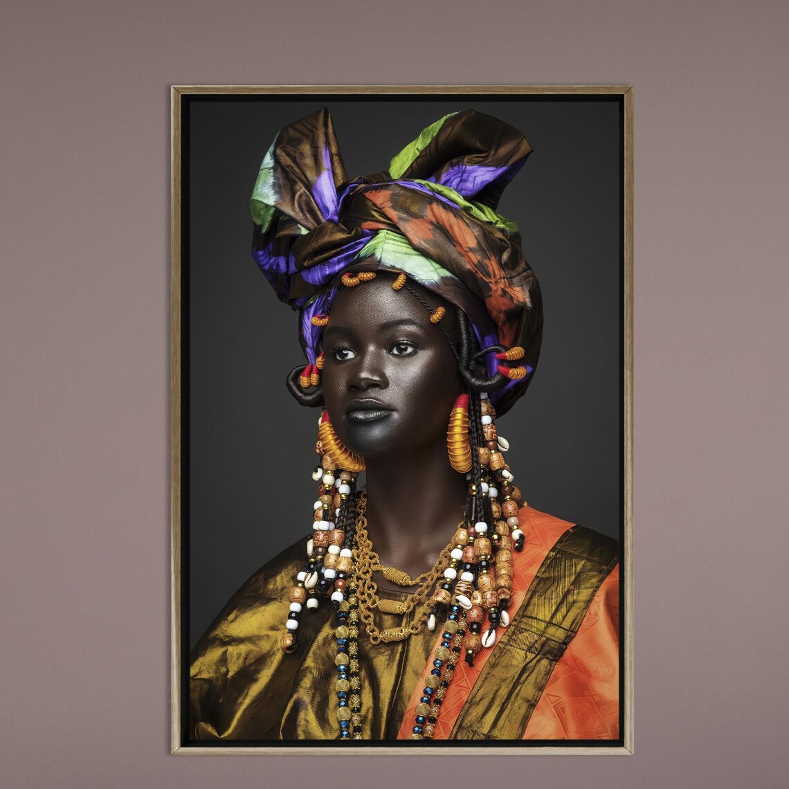 African Queen Colorful Headwrap Portrait Beaded Jewelry Home Poster
