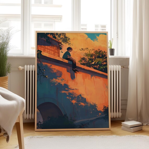 Anime Boy Sunset Bridge Ledge Golden River Reflection Lofi Art Poster