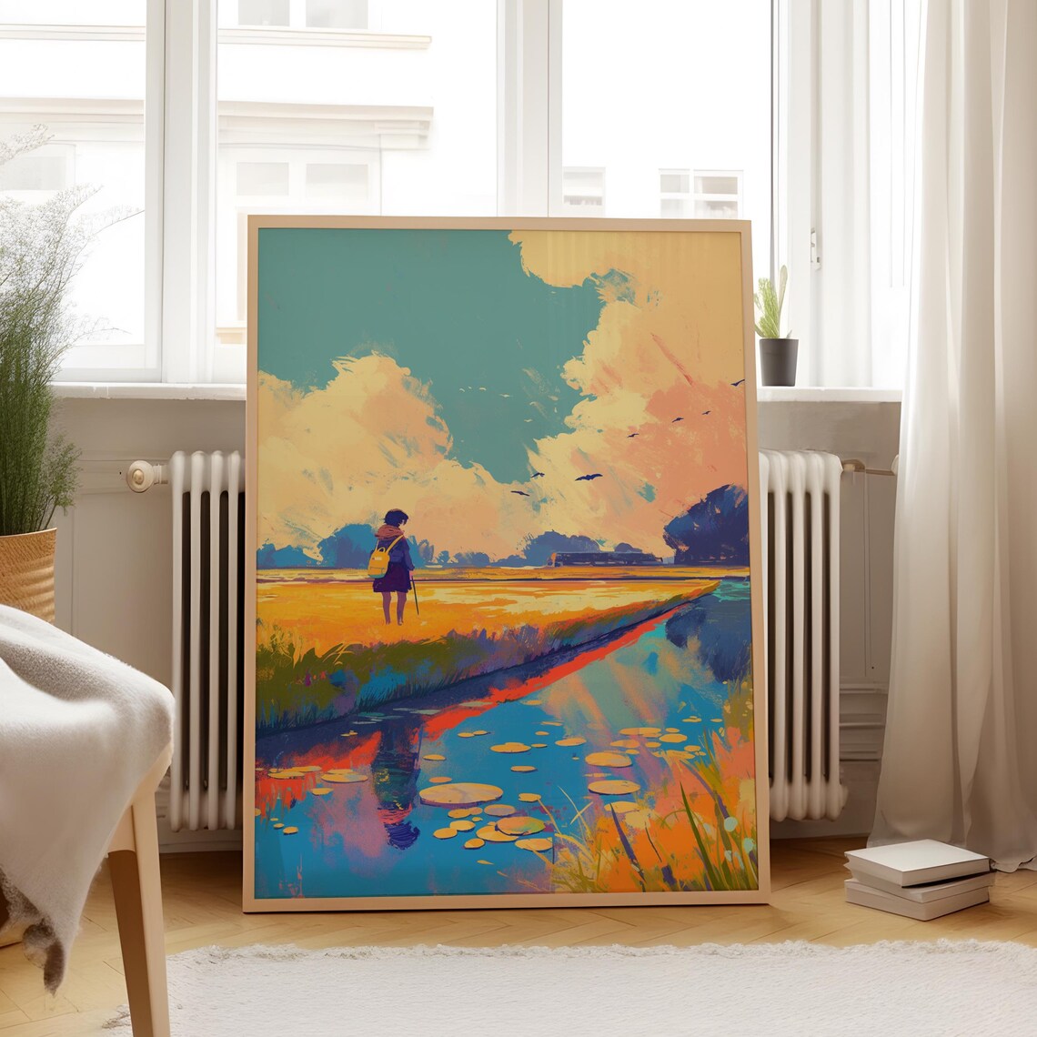 Tranquil Countryside Girl Golden Field Stream Lilies Lofi Art Poster