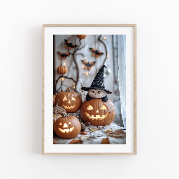 Halloween Cat Witch Hat Print Pumpkin Jackolantern Decor