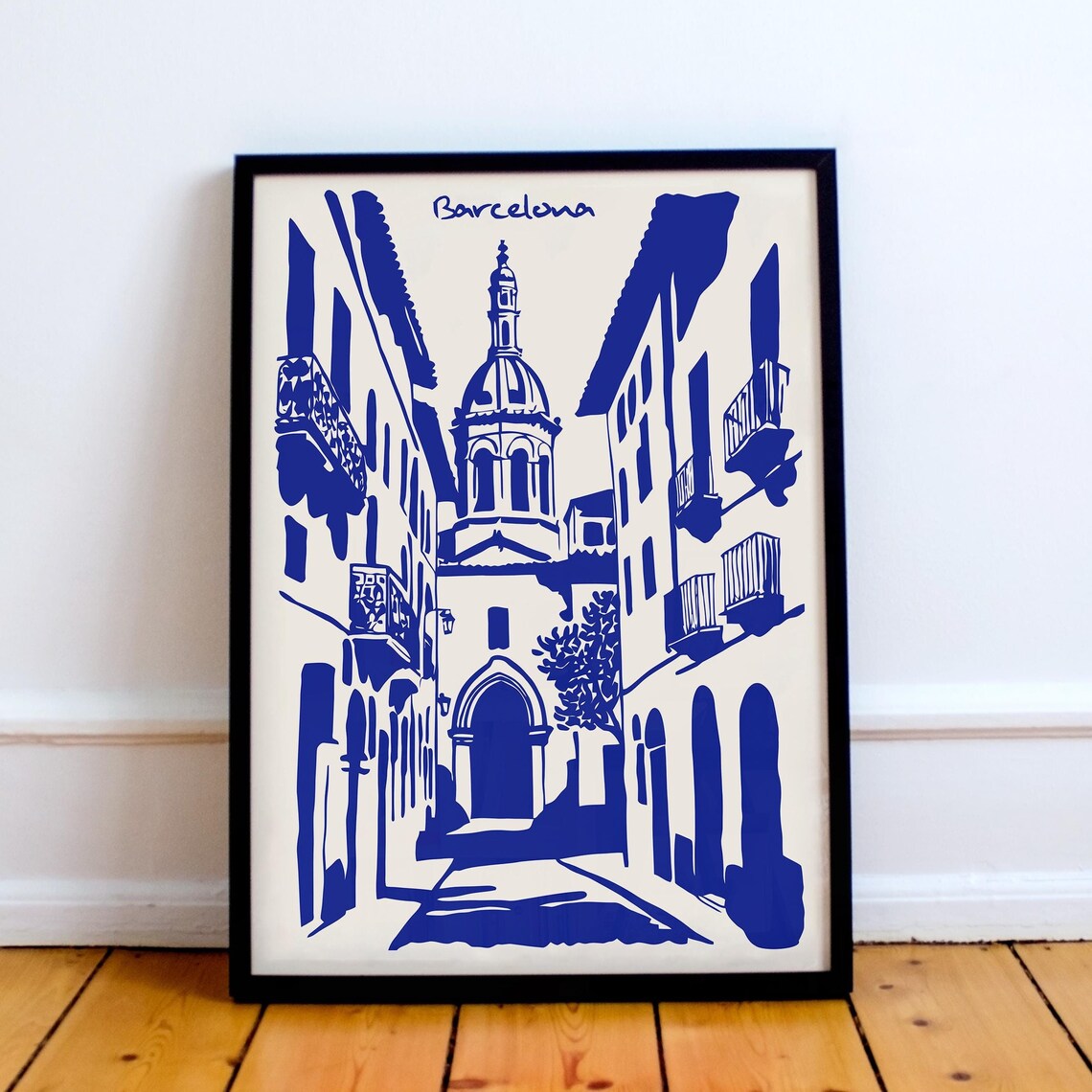 Barcelona Blue Ink Street With Domed Church Architecture Poster