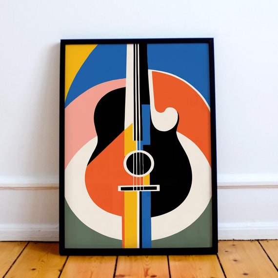 Mid Century Modern Guitar Art Print Abstract Musical Wall Art Poster Retro Style Home Decor Vibrant Geometric Acoustic Guitar Artwork