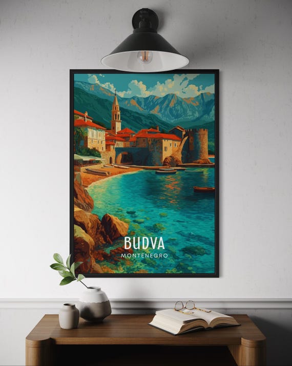 Budva Montenegro Travel Poster Adriatic Coastline Old Town Streets Mediterranean Architecture Scenic Wall Art Balkan Home Artwork