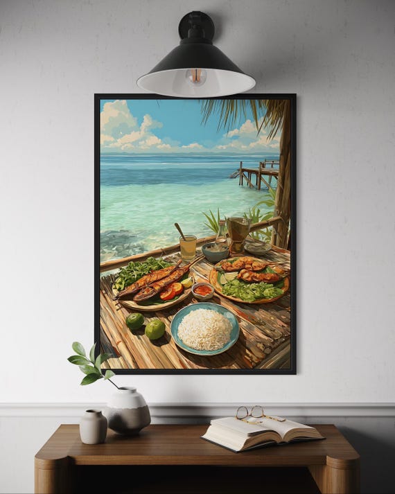 Filipino Seafood Feast Poster Grilled Fish Rice Calamansi On Bamboo Table By Ocean Philippines Coastal Food Art Print Southeast Asia
