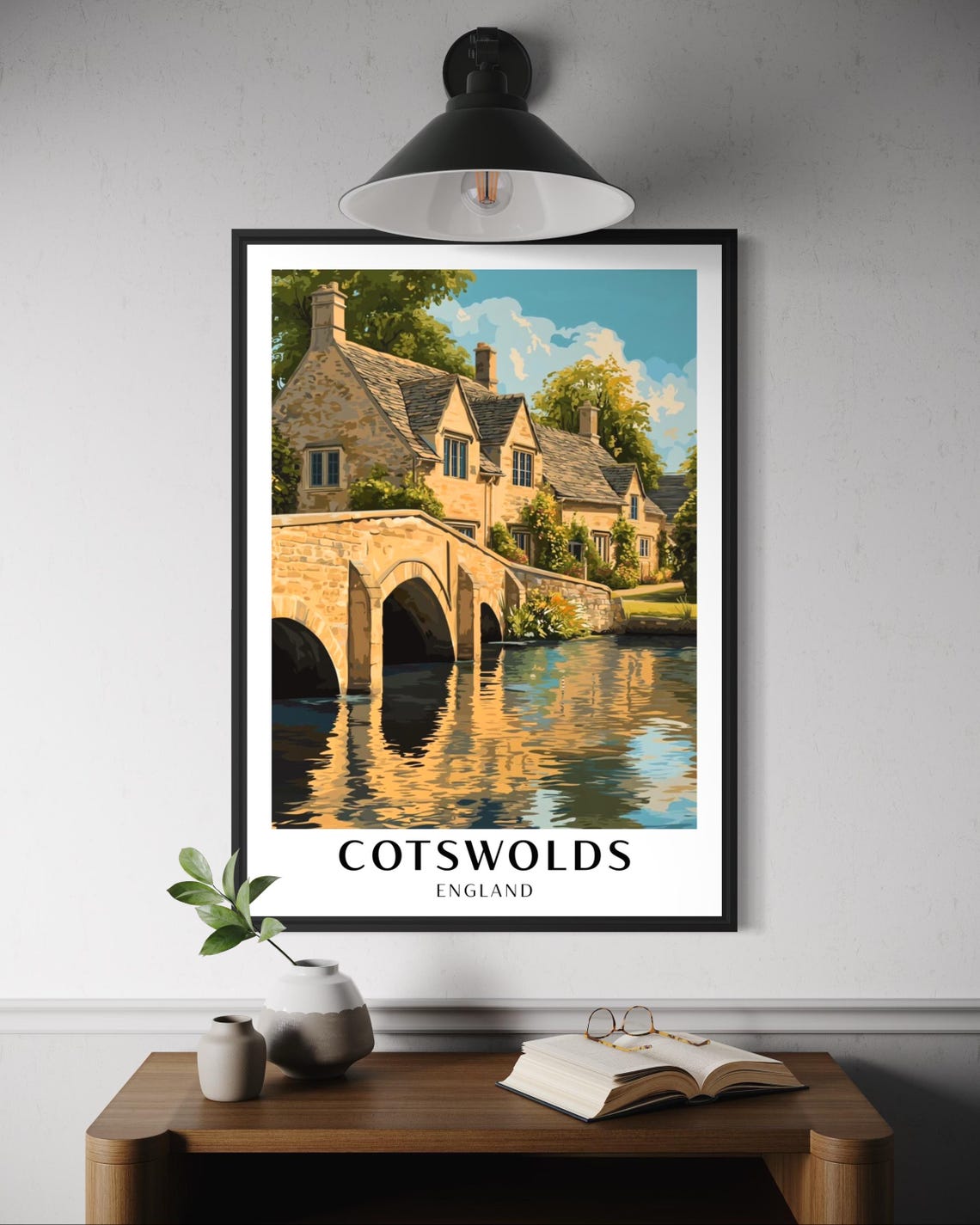 Cotswolds England Stone Bridge Riverside Cottage Travel Poster