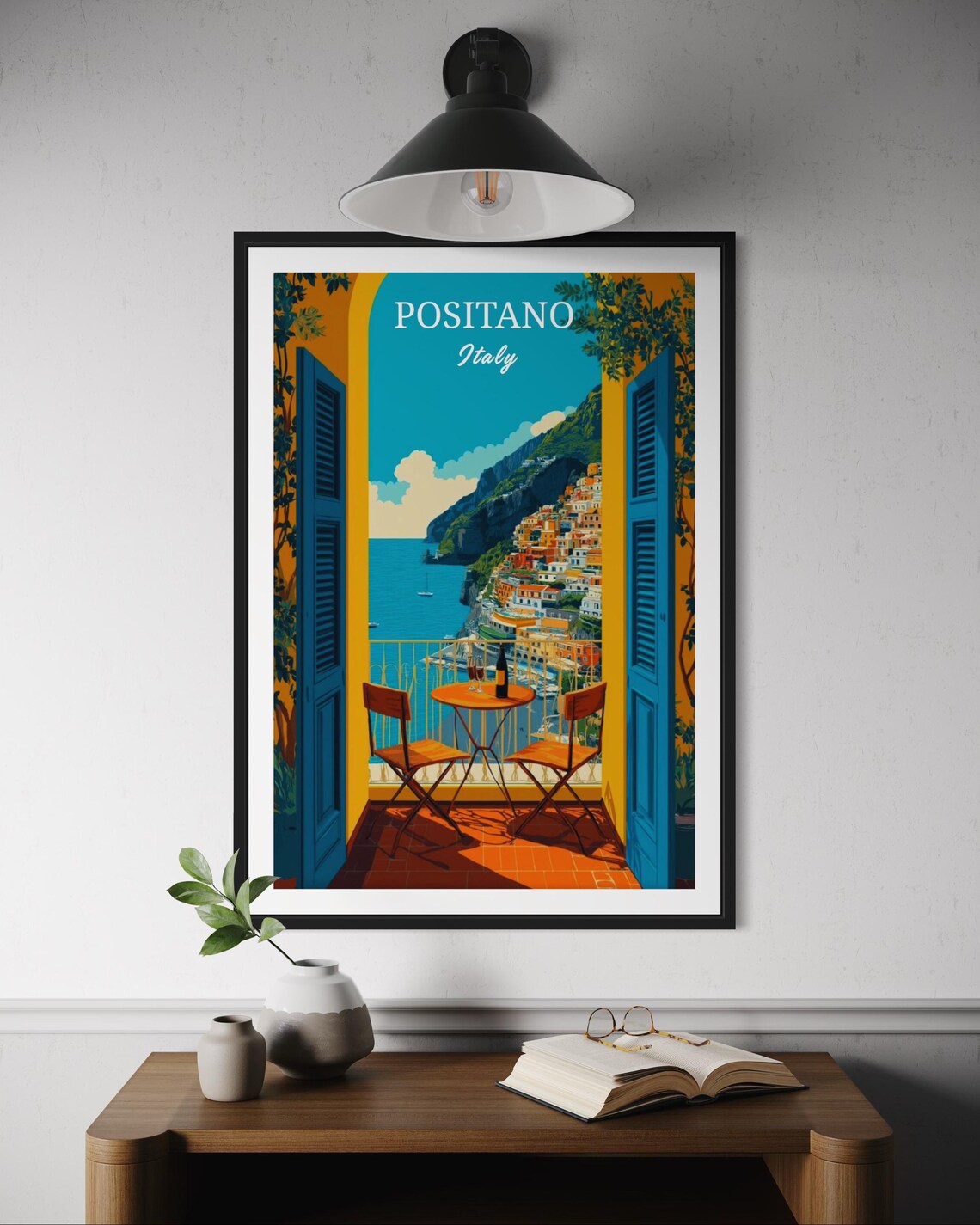 Positano Italy Amalfi Balcony Sea View Blue Shutters Travel Poster