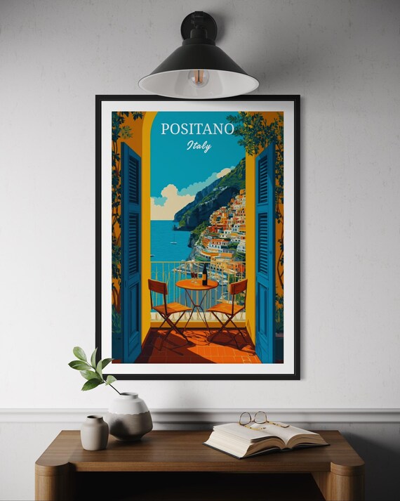 Positano Italy Amalfi Balcony Sea View Blue Shutters Travel Poster