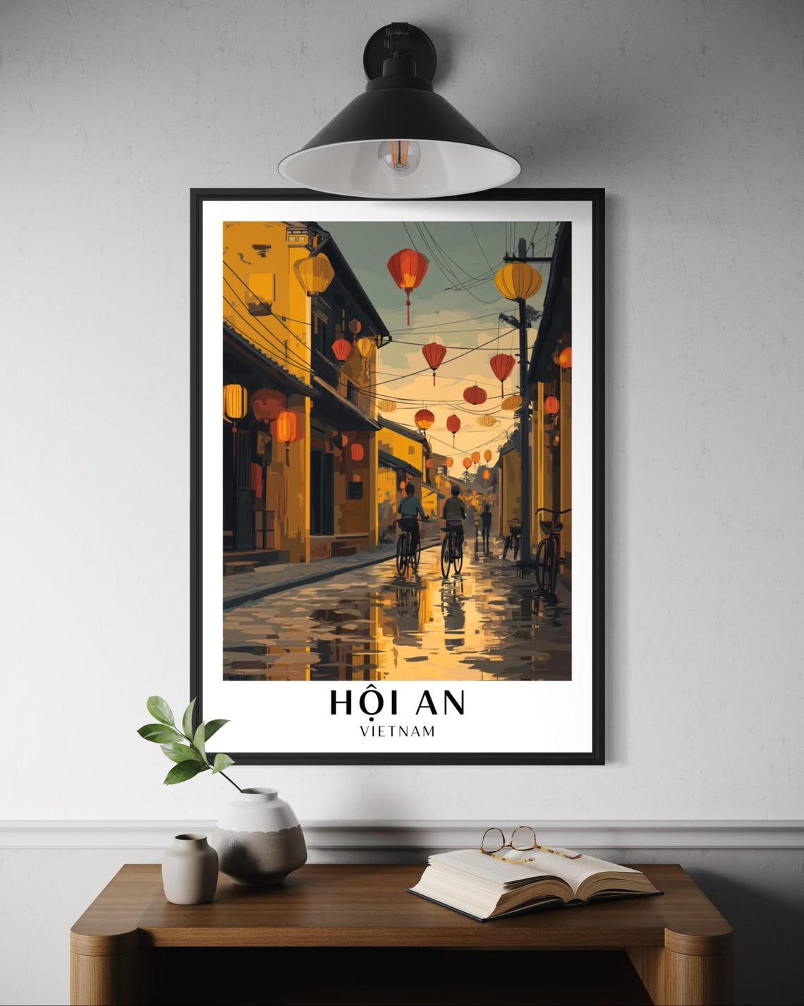 Hoi An Vietnam Lantern Street Evening Glow Cyclist Travel Poster