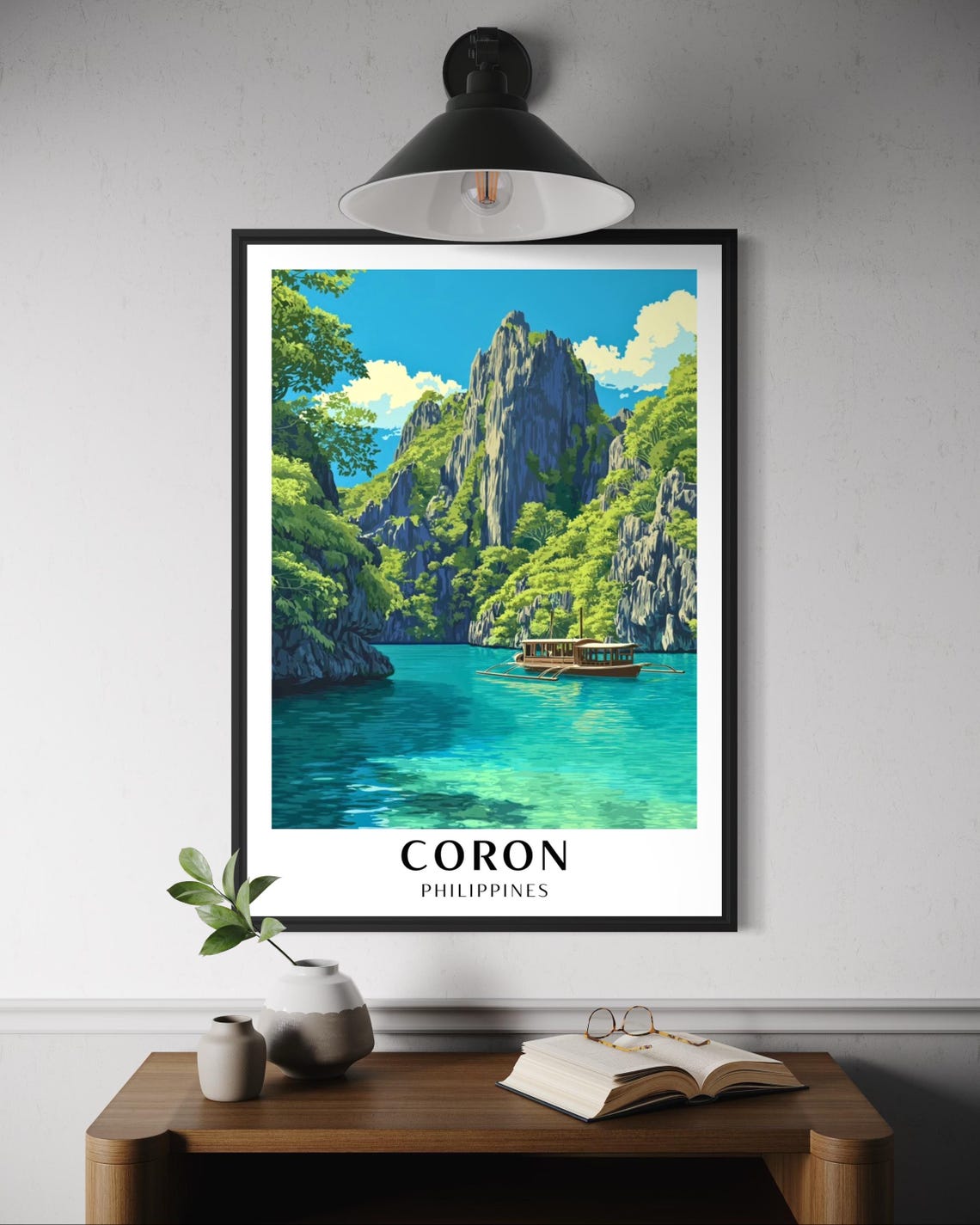 Coron Philippines Karst Cliffs Turquoise Lagoon Boat Travel Poster