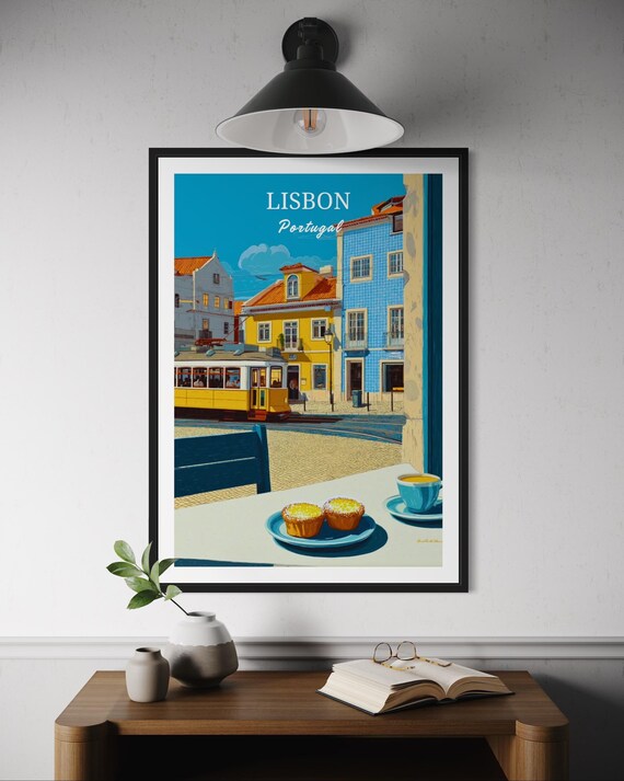 Lisbon Caf Poster Pastel De Nata Pastry Wall Art Portugal Travel Print Colorful Street View Bold Vector Kitchen Decor Europe