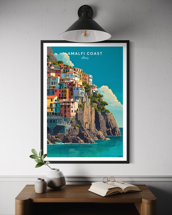 Amalfi Coast Italy Poster Coastal Travel Wall Art Italian Seaside Print Mediterranean Decor Positano Europe Illustration