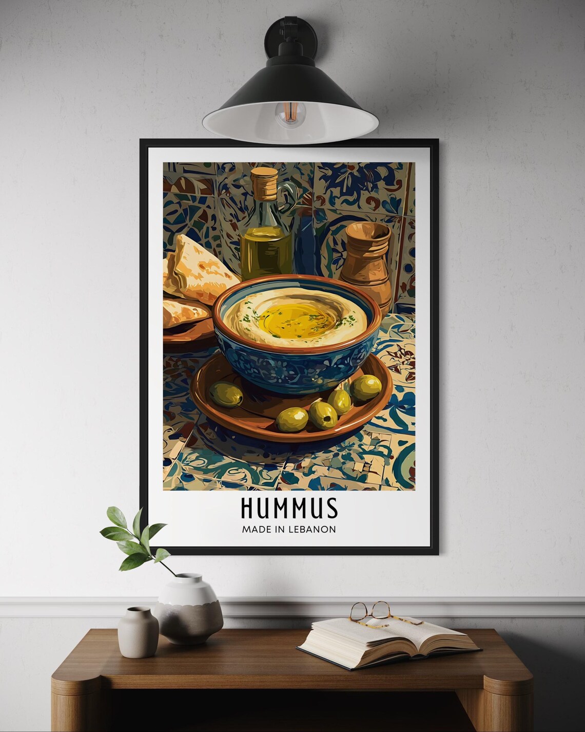 Hummus Lebanon Creamy Chickpea Dip Olives Flatbread Food Art Poster