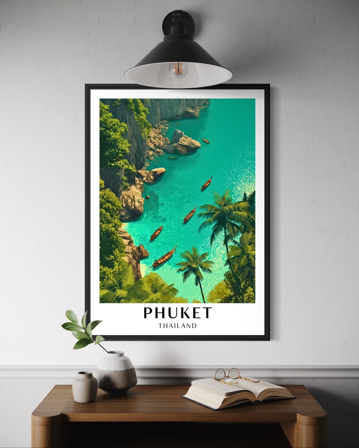 Phuket Thailand Turquoise Cove with Longtail Boats Travel Poster