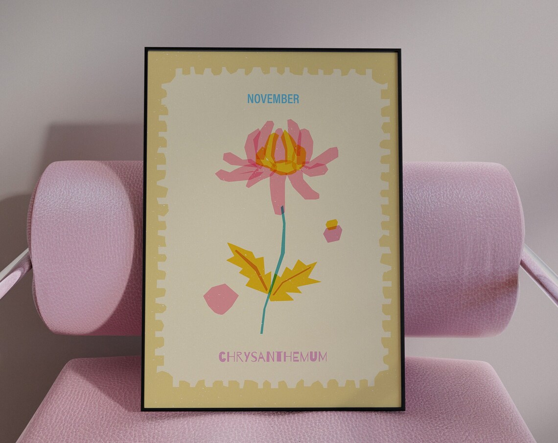 Chrysanthemum November Birth Flower Vintage Stamp Style Poster
