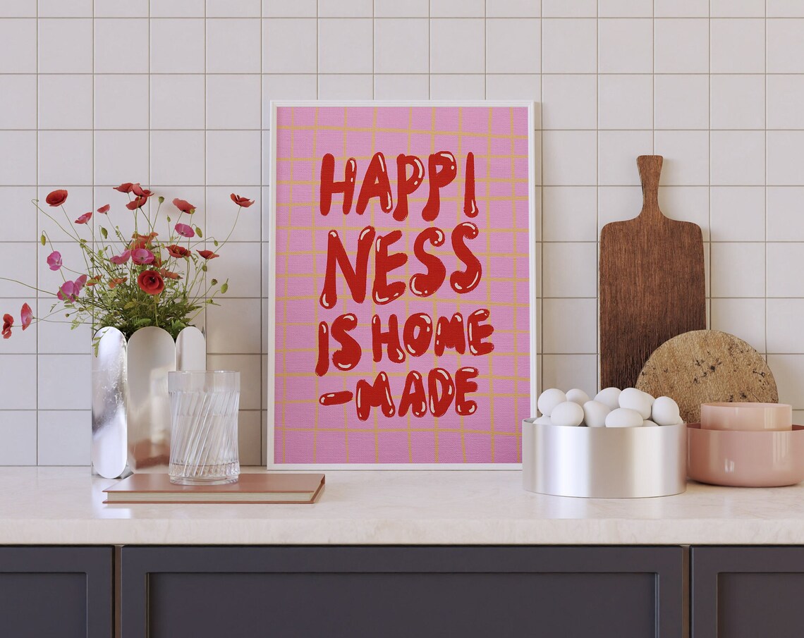Happiness Is Homemade Chunky Red Kitchen Quote Gingham Poster