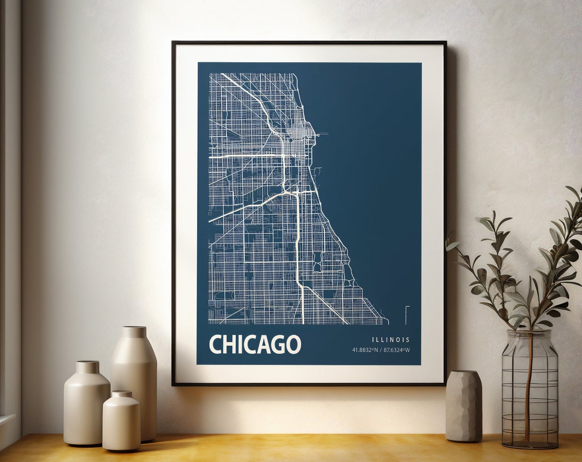 Chicago Illinois City Map Street Grid Navy Blue Poster Decor