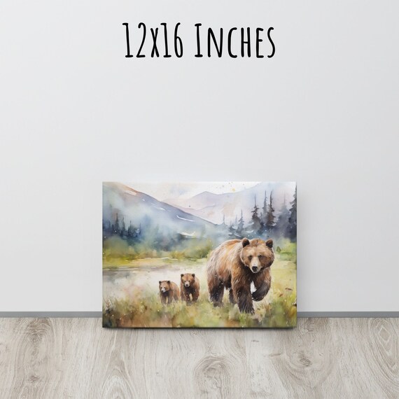 Grizzly Bear With Cubs Watercolor Painting Mountain Wildlife Poster
