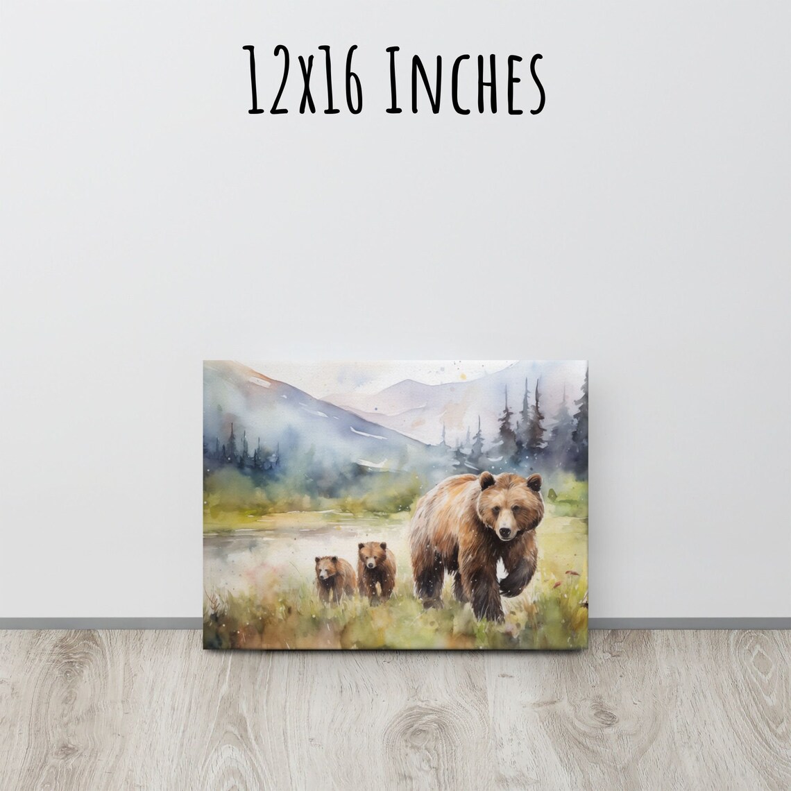 Grizzly Bear With Cubs Watercolor Painting Mountain Wildlife Poster