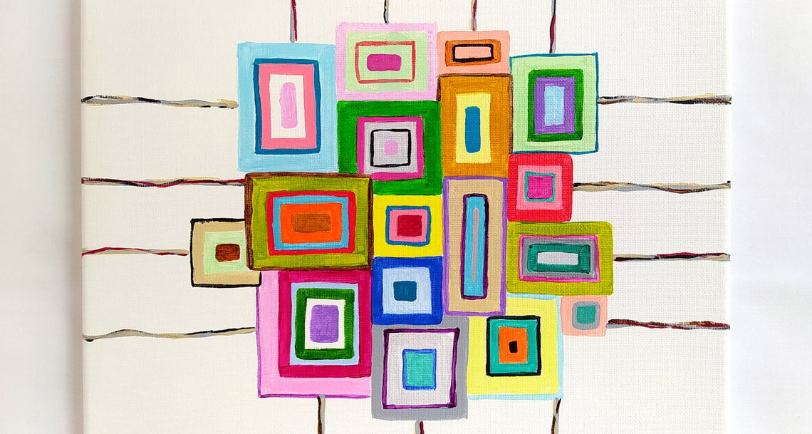 Colorful Nested Squares White Canvas Thin Line Grid Modern Art Print - Image 3