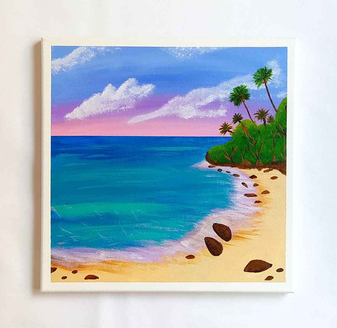 Curved Sandy Beach Palm Trees Turquoise Ocean Pink Sky Painting Print