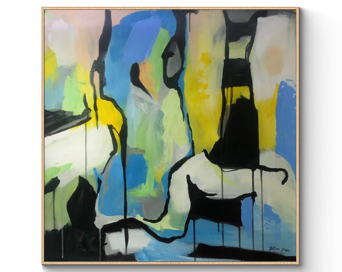 Extra Large Blue Green Yellow Abstract Brushstroke Art Poster - Image 3