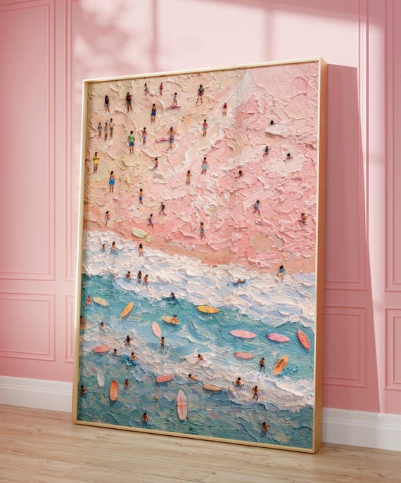 Minimalist Abstract Tiny People At The Beach Print Textured Impasto Swimmers Painting Wall Art Hand Drawn Summer Aerial Surf Poster