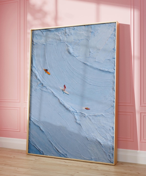 Three Tiny Surfers Blue Textured Impasto Wave Minimalist Wall Art