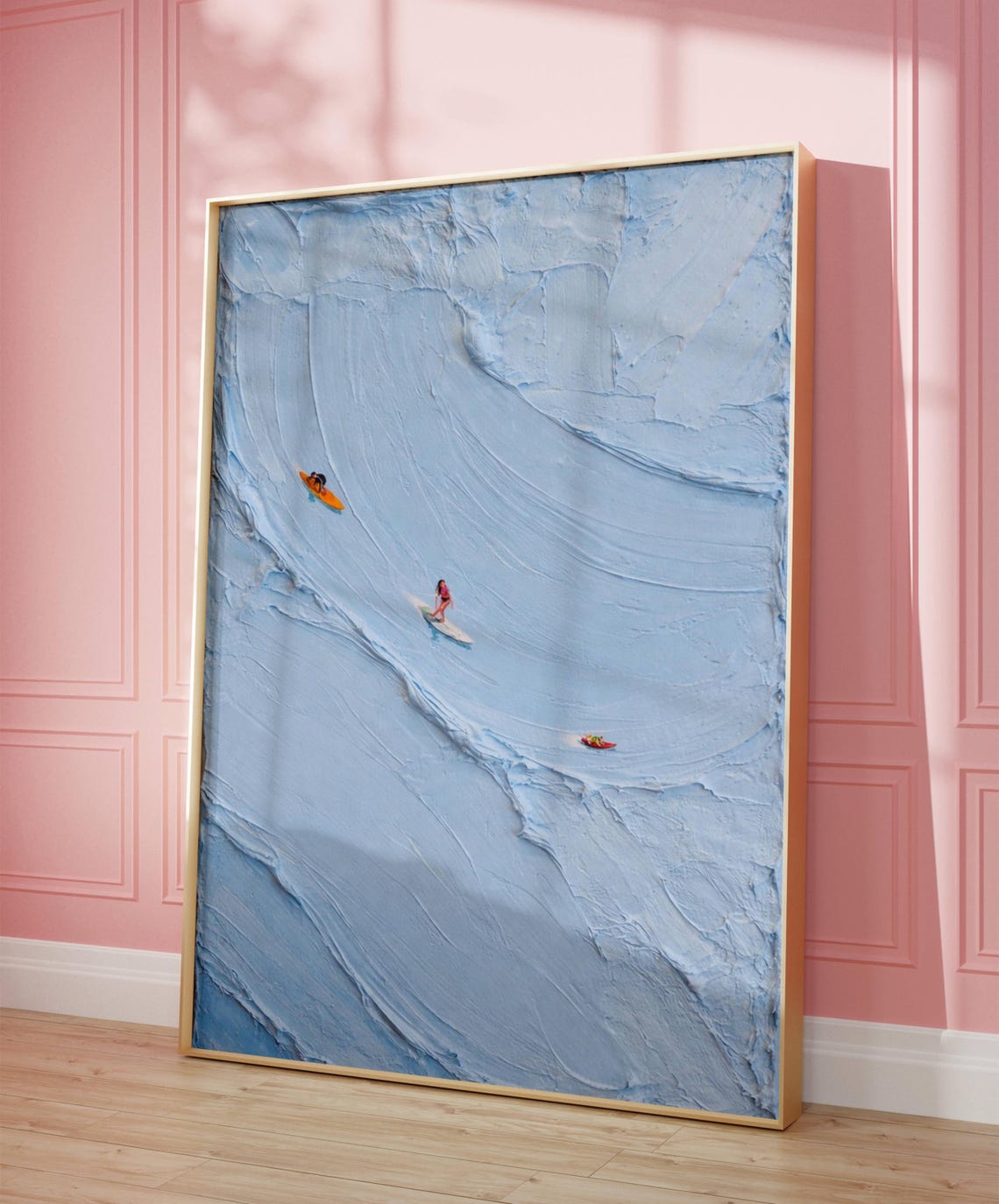 Three Tiny Surfers Blue Textured Impasto Wave Minimalist Wall Art