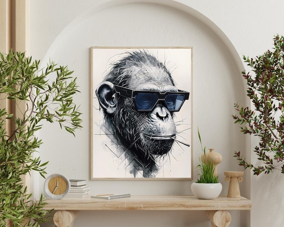 Cool Chimpanzee Sunglasses Monochrome Sketch Portrait Pop Art Poster