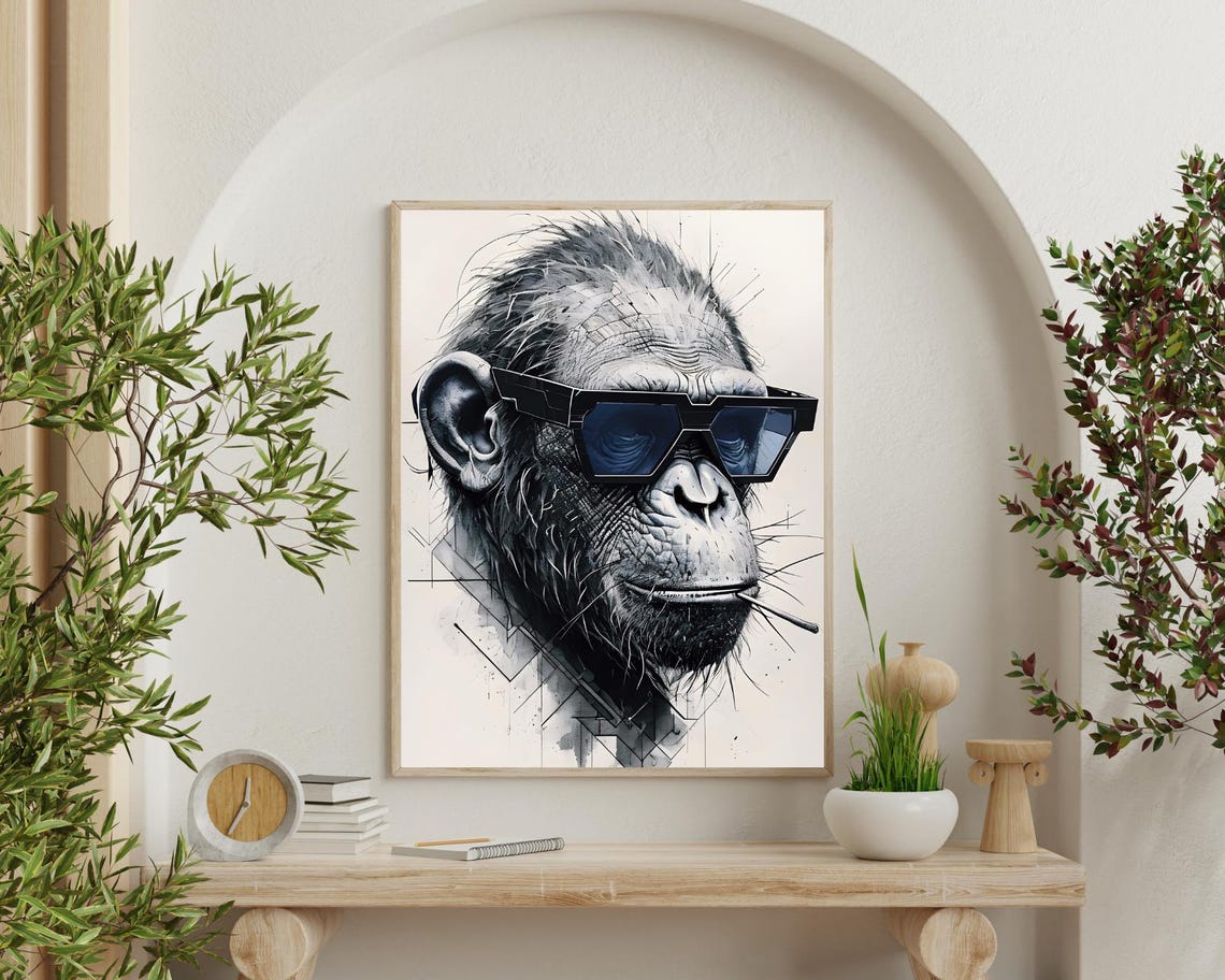 Cool Chimpanzee Sunglasses Monochrome Sketch Portrait Pop Art Poster