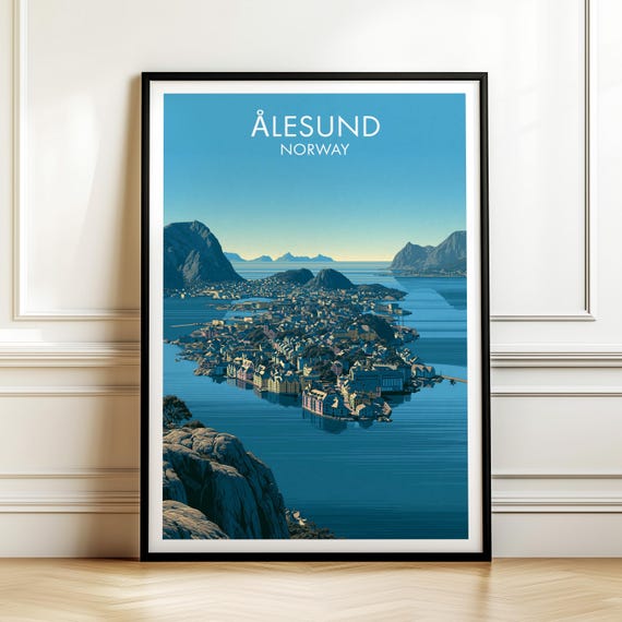 Lesund Norway Travel Poster Vintage Europe Cityscape Wall Art Print For Home Decor