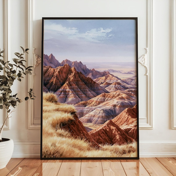 Badlands National Park Golden Prairie Mountains Watercolor Poster