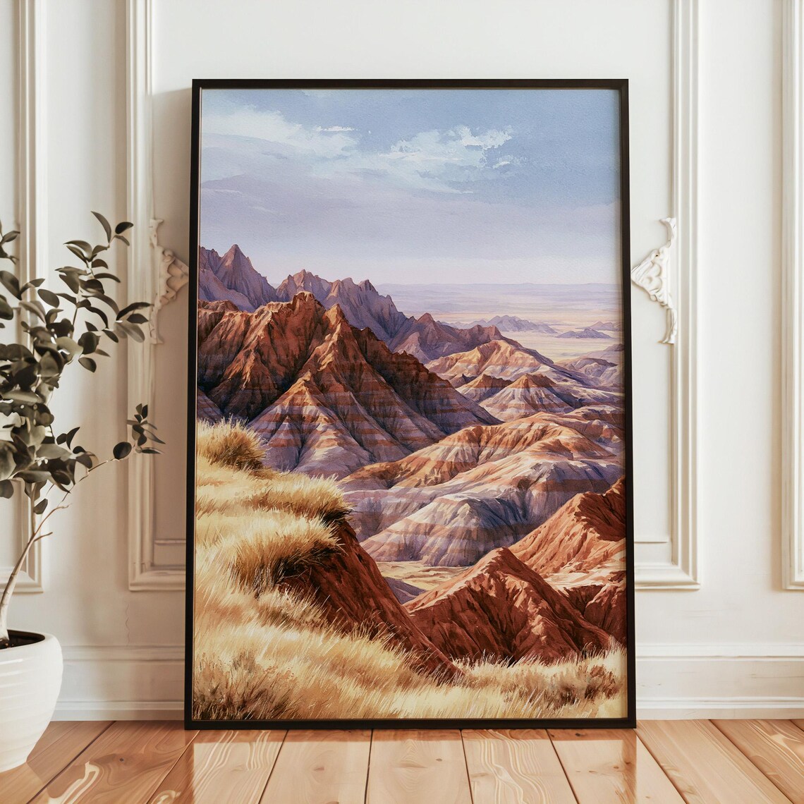 Badlands National Park Golden Prairie Mountains Watercolor Poster