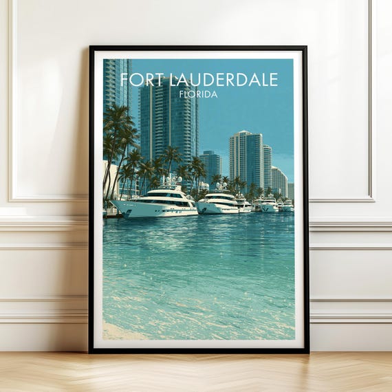 Fort Lauderdale Florida Poster Vintage Usa Cityscape Travel Wall Art American Landmark Print Americana Decor