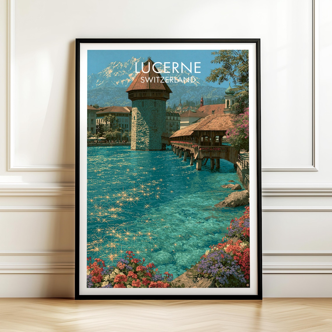 Lucerne Switzerland Chapel Bridge Lake Vintage Alpine Travel Poster