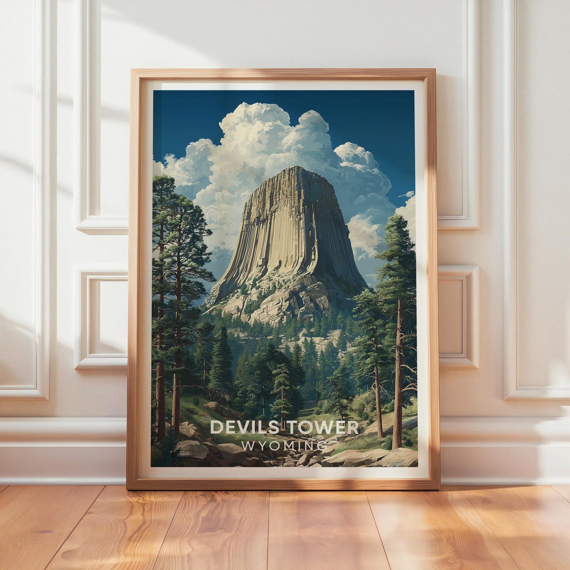 Devils Tower Wyoming Rock Butte Pine Forest Vintage Travel Poster