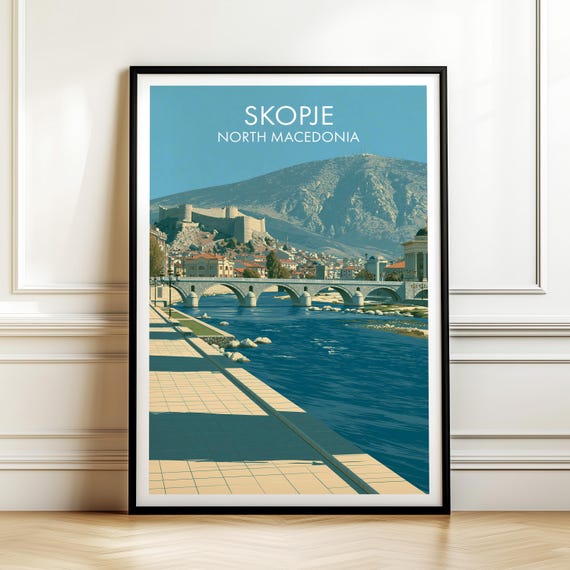 Skopje North Macedonia Travel Poster Vintage Europe Cityscape Wall Art Print For Home Decor