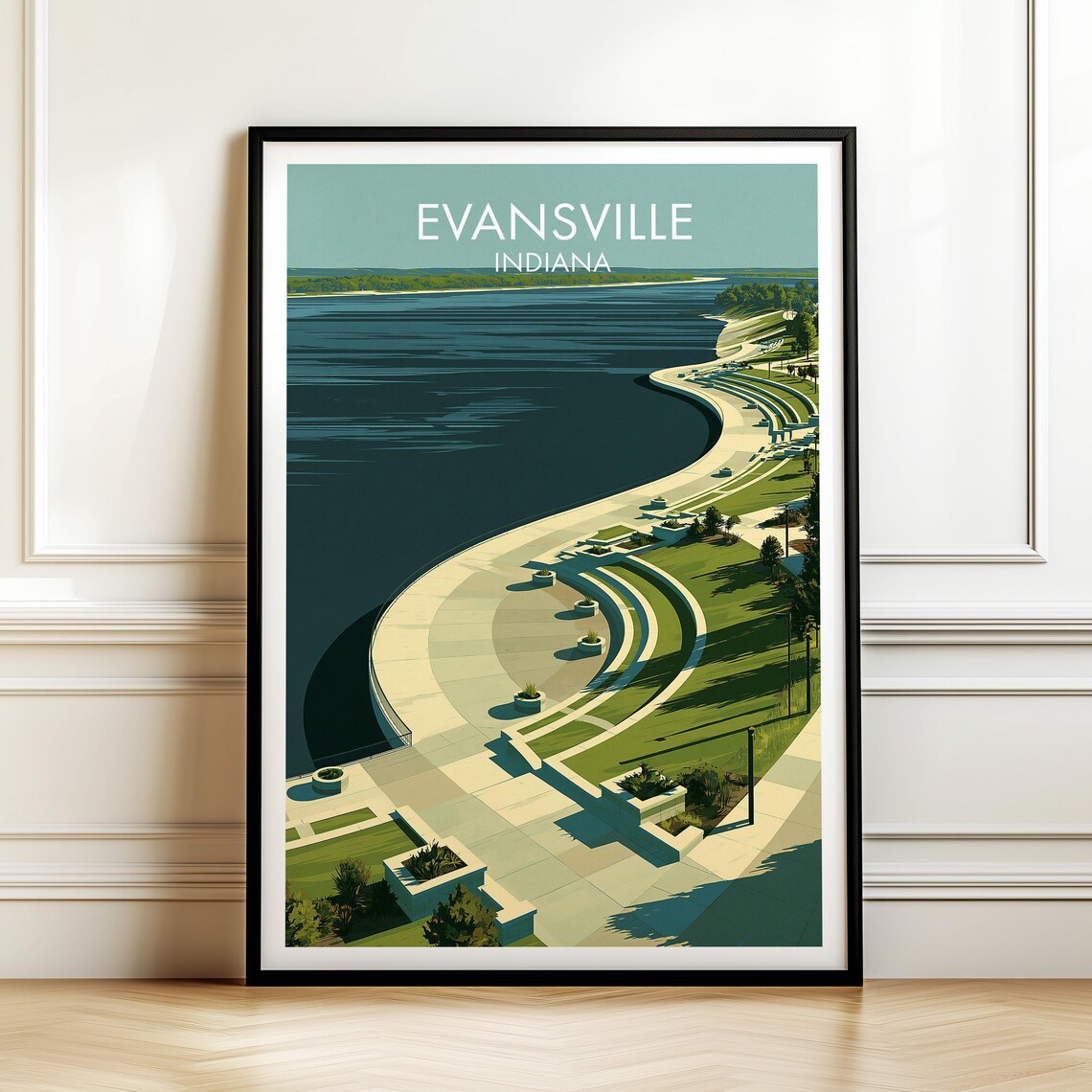 Evansville Indiana Vintage Cityscape Travel Poster